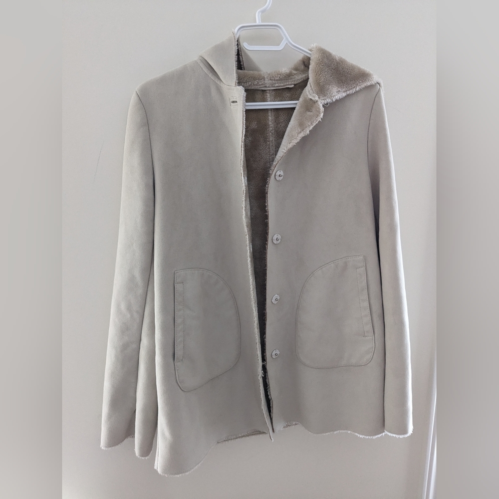 Suede Leather Warm Fur Lined Cream Oversized Hooded‎ Jacket Size S